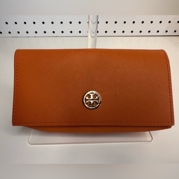 Tory Burch Vibrant Orange Leather Sunglasses Case Authentic Gold Magnetic Design - Picture 3 of 17